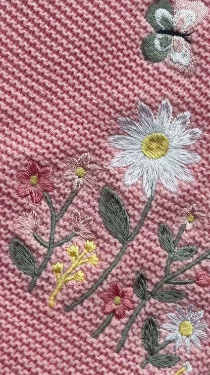 Floral Garden Embroidered Baby Blanket - Personalized Name Knit Blanket - Welcome Baby & Newborn Keepsake Gift
