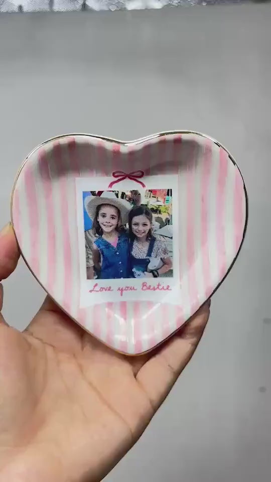 Striped Bestie Photo Jewelry Dish - Personalized Ceramic Ring Tray - Birthday Gift For Best Friend