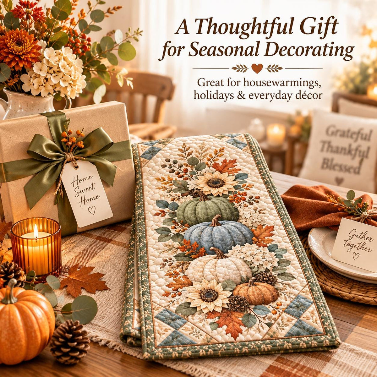 Pumpkin Sunflower Fall Quilted Table Runner - Sage Green Autumn Floral Thanksgiving Decor