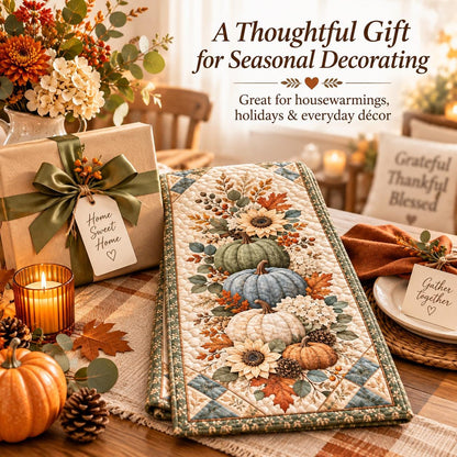 Pumpkin Sunflower Fall Quilted Table Runner - Sage Green Autumn Floral Thanksgiving Decor