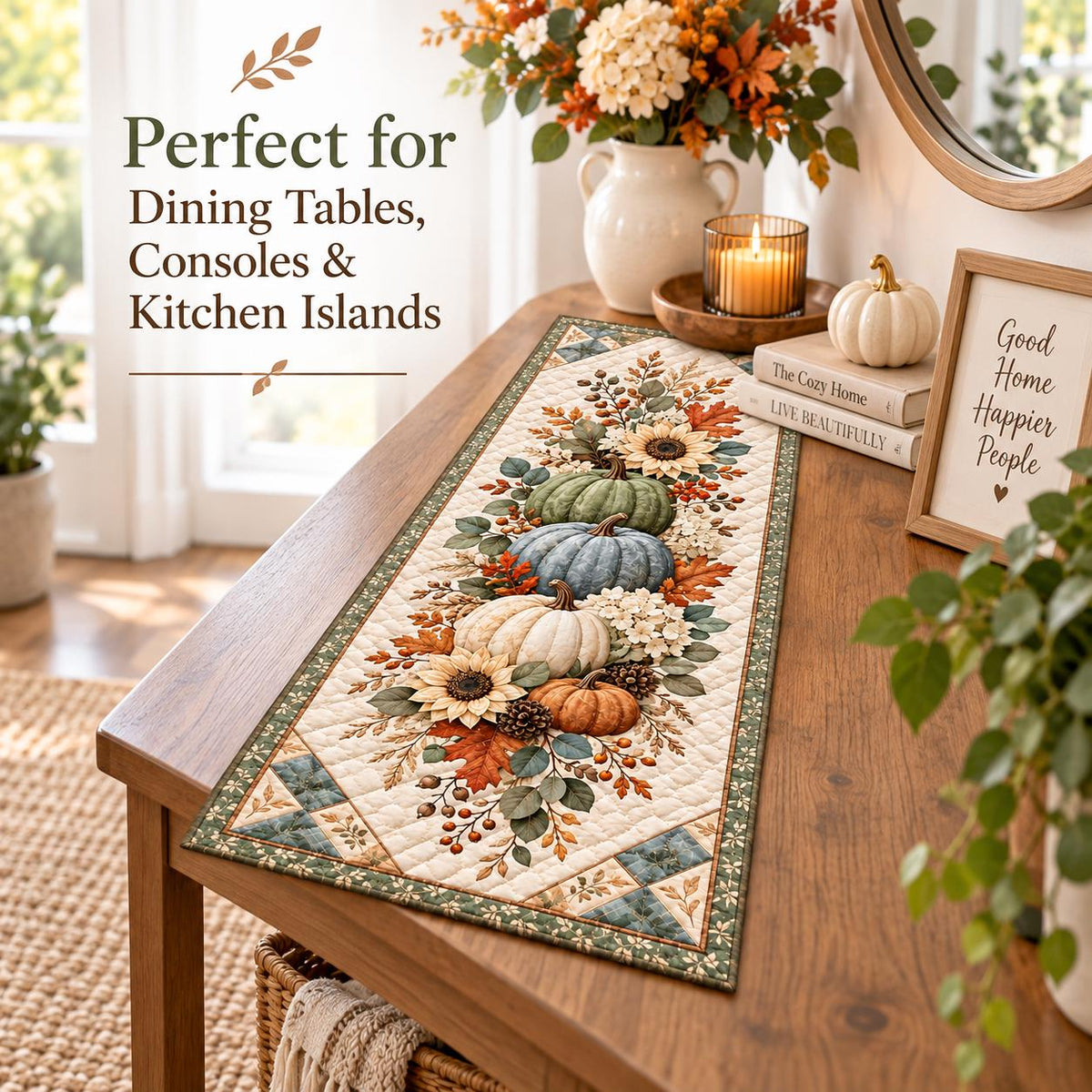Pumpkin Sunflower Fall Quilted Table Runner - Sage Green Autumn Floral Thanksgiving Decor