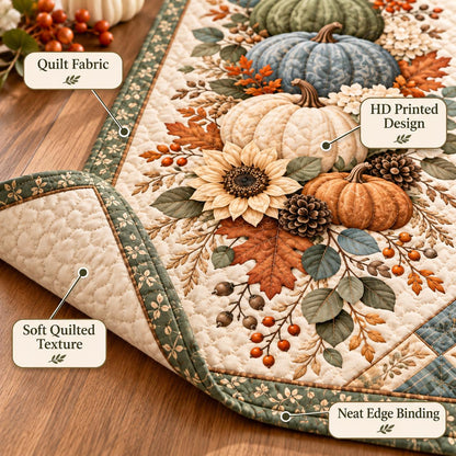 Pumpkin Sunflower Fall Quilted Table Runner - Sage Green Autumn Floral Thanksgiving Decor