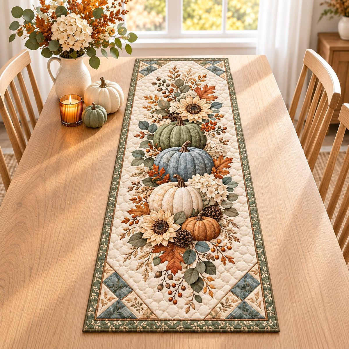 Pumpkin Sunflower Fall Quilted Table Runner - Sage Green Autumn Floral Thanksgiving Decor