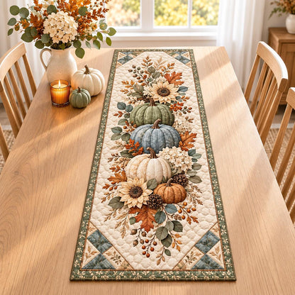 Pumpkin Sunflower Fall Quilted Table Runner - Sage Green Autumn Floral Thanksgiving Decor