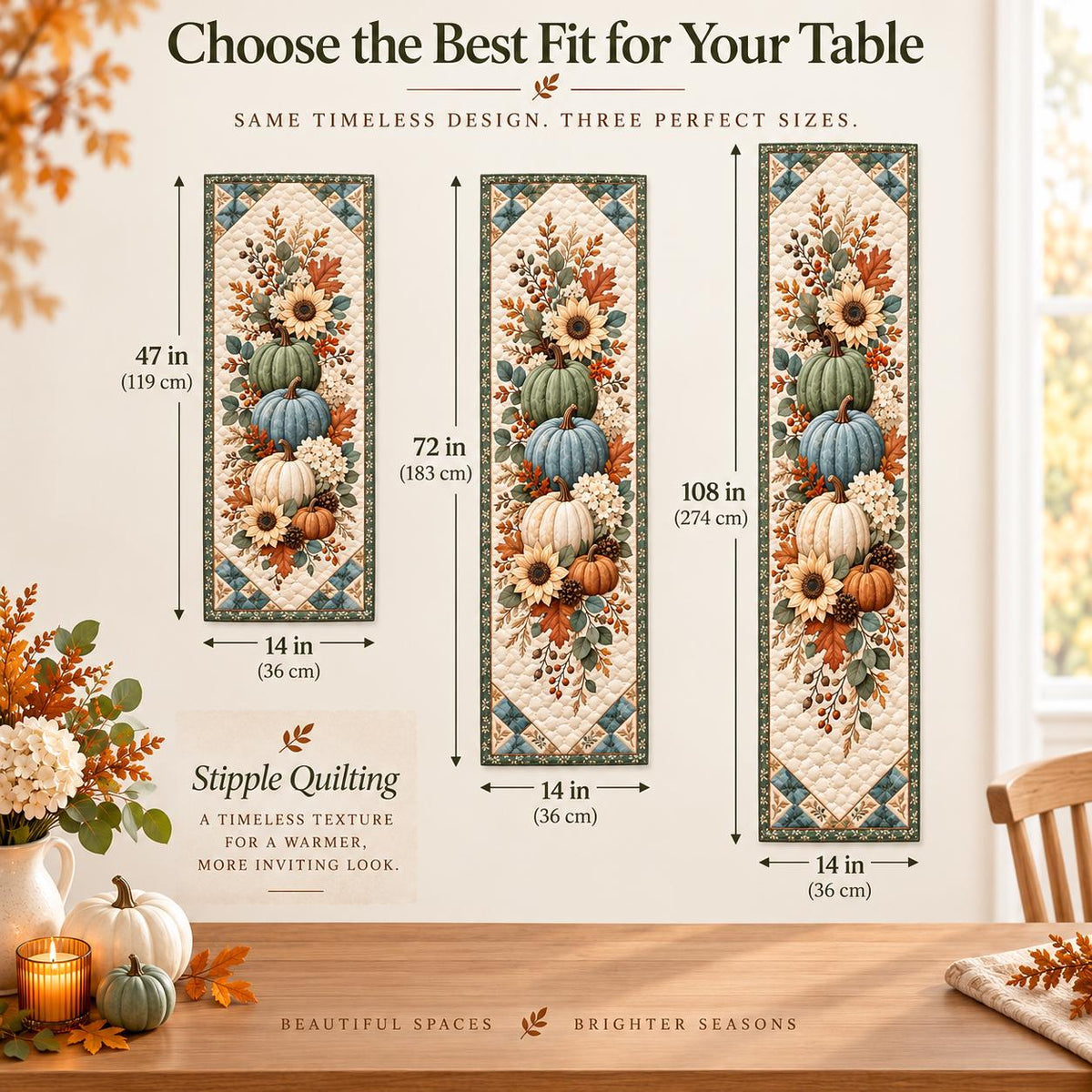 Pumpkin Sunflower Fall Quilted Table Runner - Sage Green Autumn Floral Thanksgiving Decor