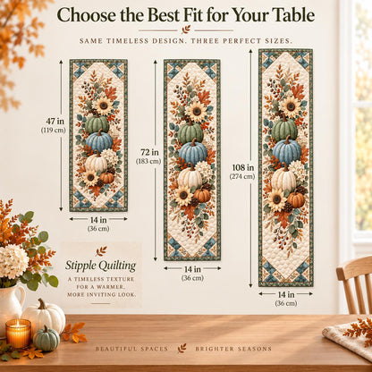 Pumpkin Sunflower Fall Quilted Table Runner - Sage Green Autumn Floral Thanksgiving Decor