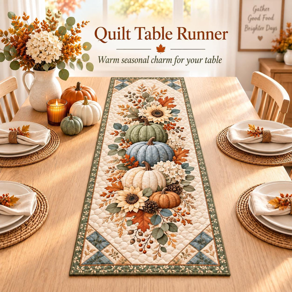 Pumpkin Sunflower Fall Quilted Table Runner - Sage Green Autumn Floral Thanksgiving Decor