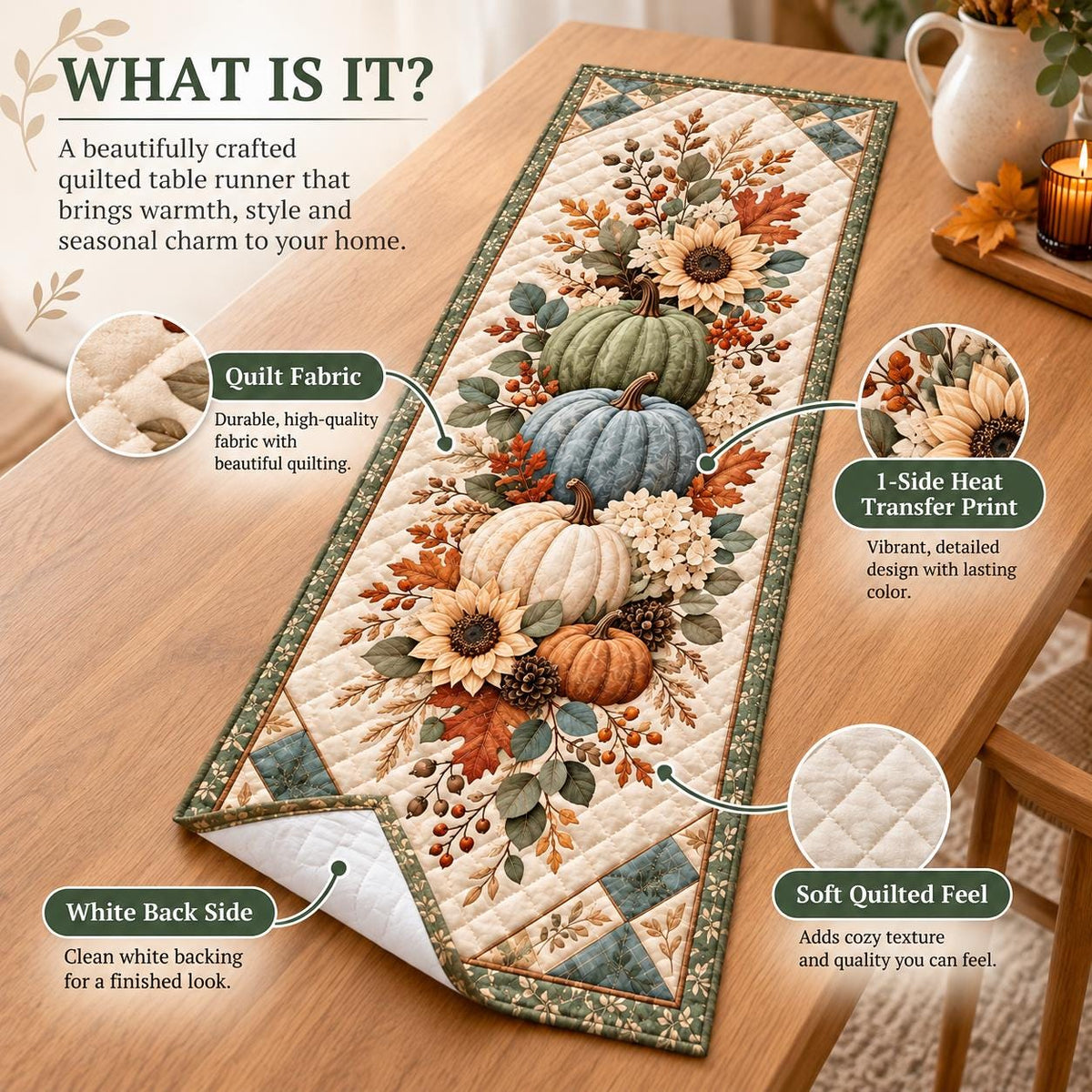 Pumpkin Sunflower Fall Quilted Table Runner - Sage Green Autumn Floral Thanksgiving Decor