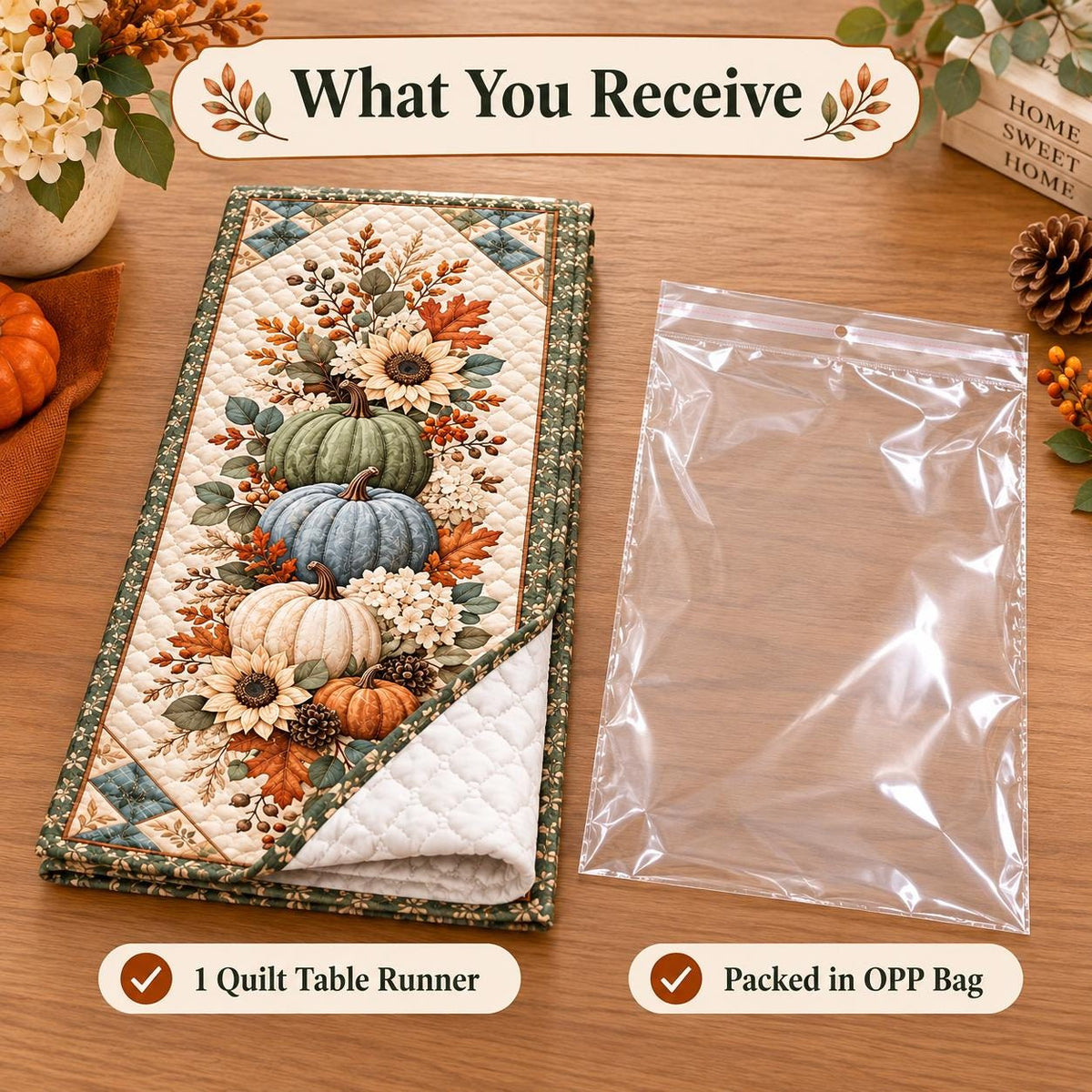 Pumpkin Sunflower Fall Quilted Table Runner - Sage Green Autumn Floral Thanksgiving Decor