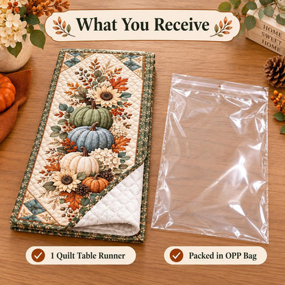 Pumpkin Sunflower Fall Quilted Table Runner - Sage Green Autumn Floral Thanksgiving Decor