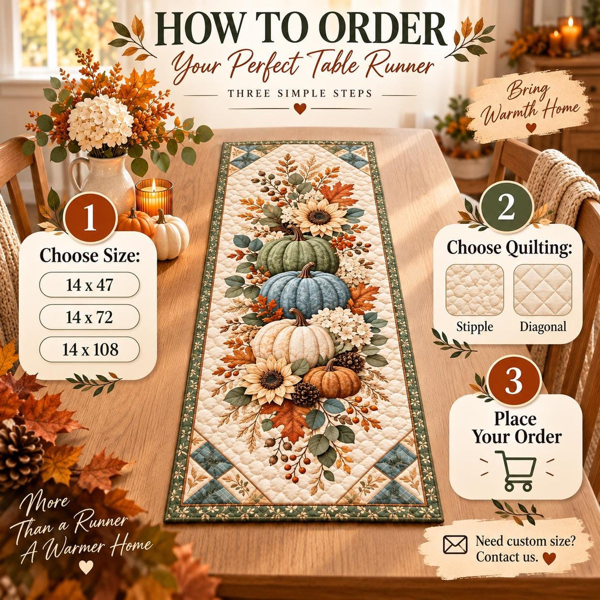 Pumpkin Sunflower Fall Quilted Table Runner - Sage Green Autumn Floral Thanksgiving Decor