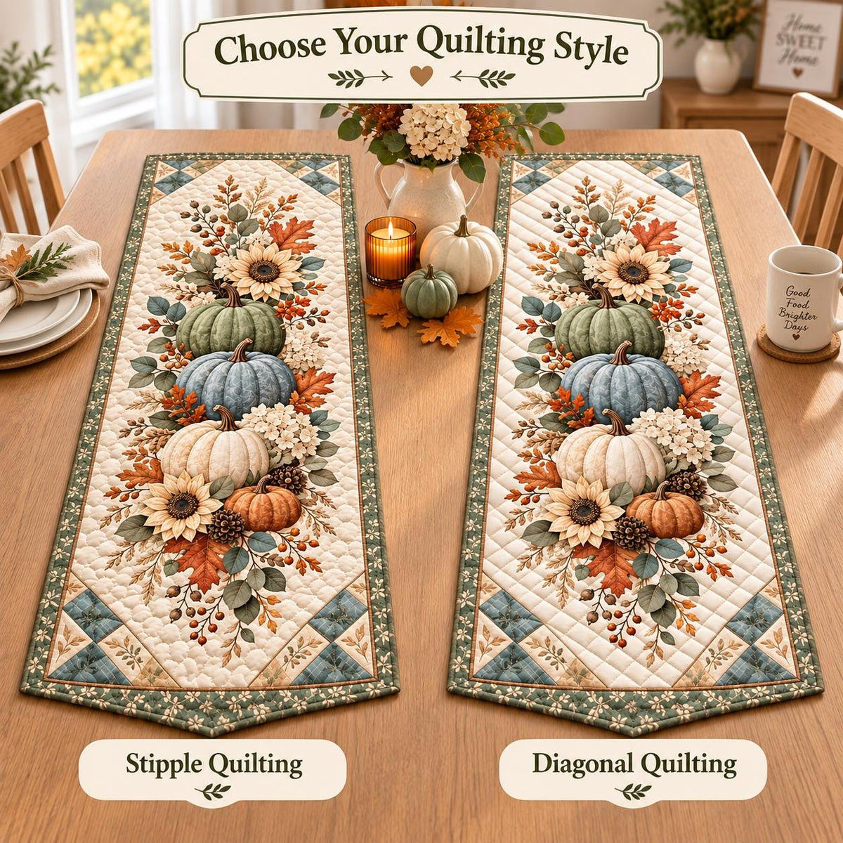 Pumpkin Sunflower Fall Quilted Table Runner - Sage Green Autumn Floral Thanksgiving Decor