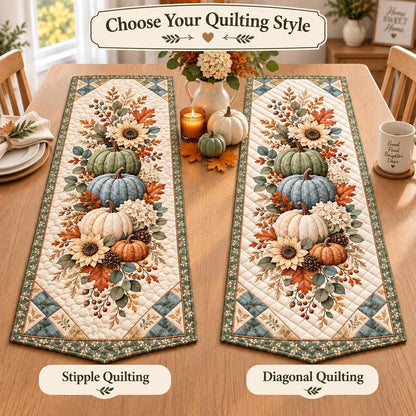Pumpkin Sunflower Fall Quilted Table Runner - Sage Green Autumn Floral Thanksgiving Decor