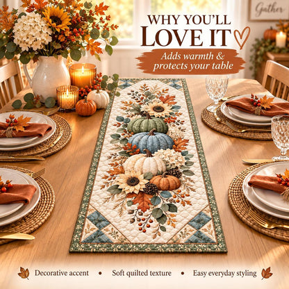 Pumpkin Sunflower Fall Quilted Table Runner - Sage Green Autumn Floral Thanksgiving Decor