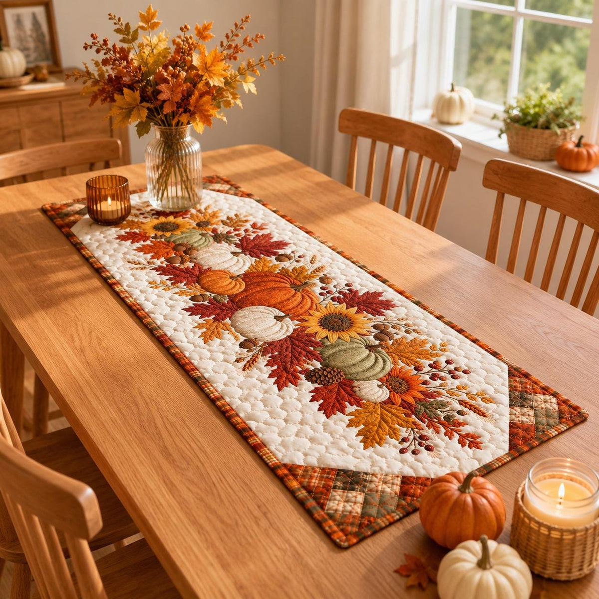Quilted Autumn Table Runner - Pumpkin Sunflower Fall Decor - Rustic Farmhouse Cottagecore