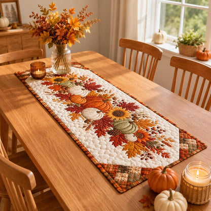 Quilted Autumn Table Runner - Pumpkin Sunflower Fall Decor - Rustic Farmhouse Cottagecore