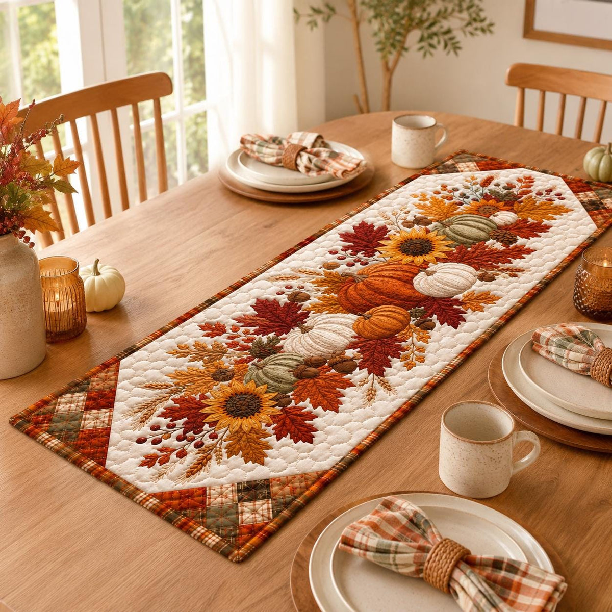 Quilted Autumn Table Runner - Pumpkin Sunflower Fall Decor - Rustic Farmhouse Cottagecore