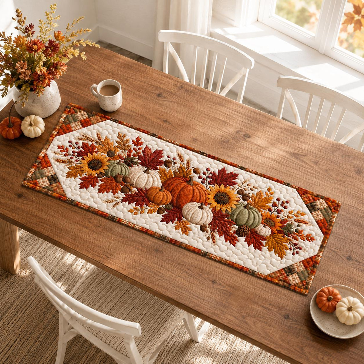 Quilted Autumn Table Runner - Pumpkin Sunflower Fall Decor - Rustic Farmhouse Cottagecore