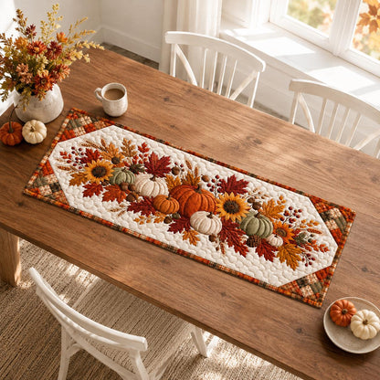 Quilted Autumn Table Runner - Pumpkin Sunflower Fall Decor - Rustic Farmhouse Cottagecore