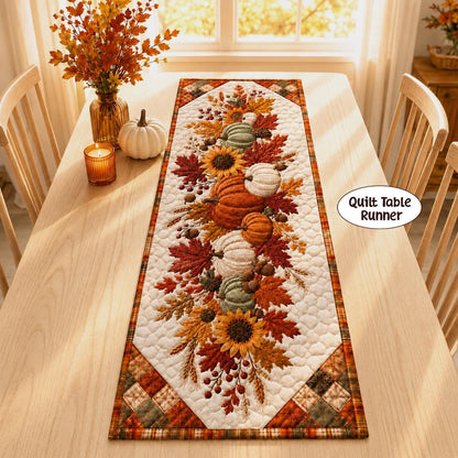 Quilted Autumn Table Runner, Pumpkin Sunflower Fall Decor, Rustic Farmhouse Cottagecore image 1
