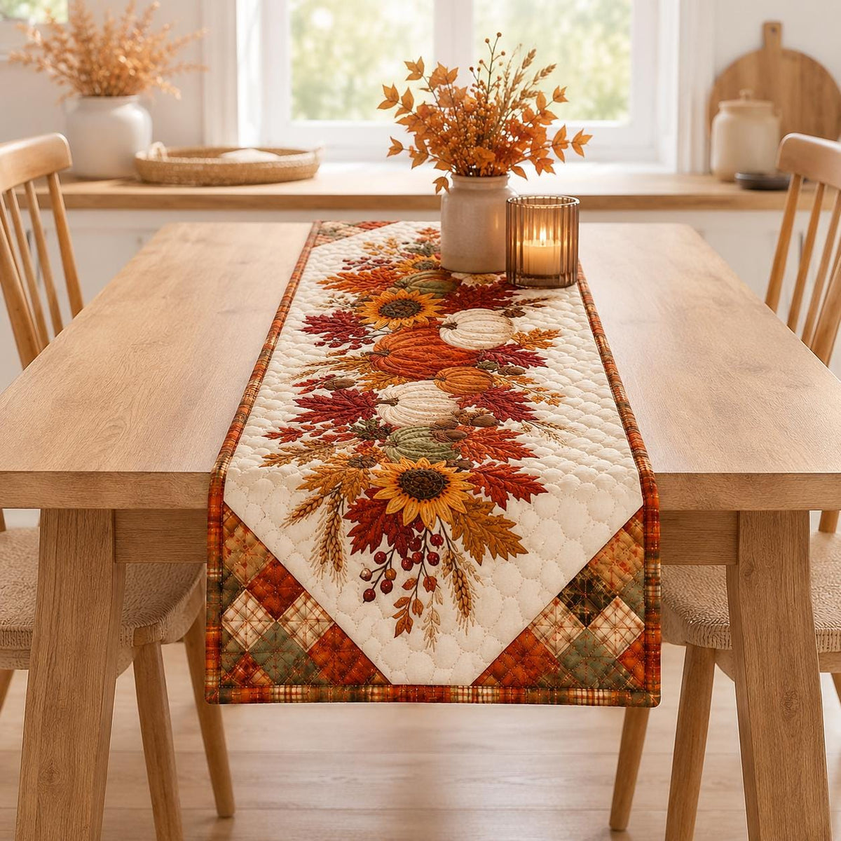 Quilted Autumn Table Runner - Pumpkin Sunflower Fall Decor - Rustic Farmhouse Cottagecore