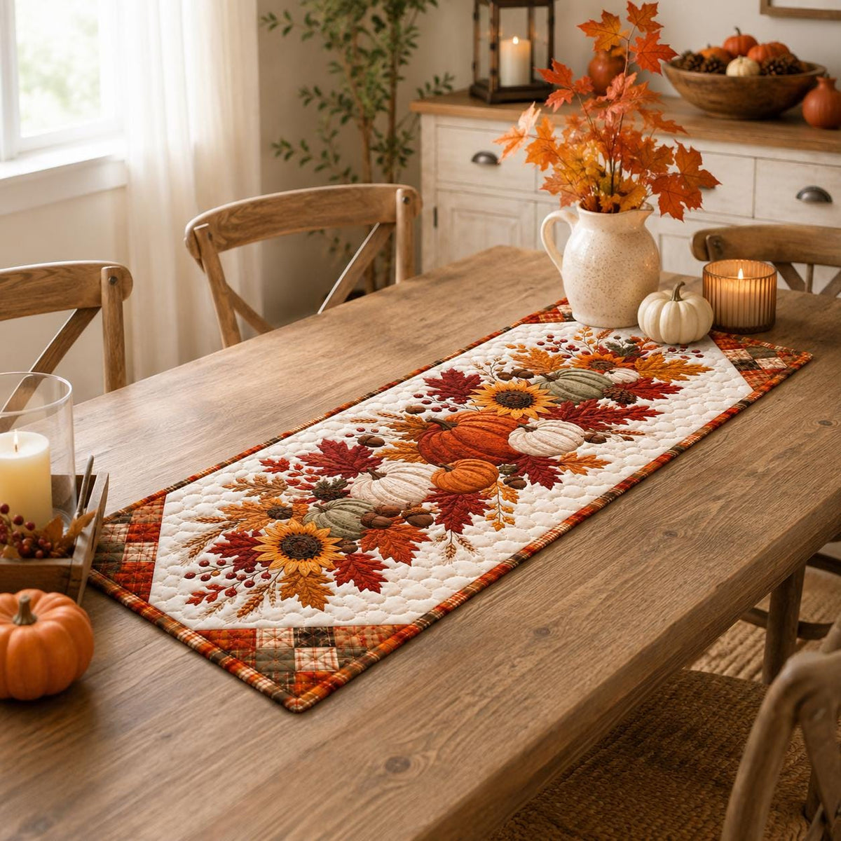 Quilted Autumn Table Runner - Pumpkin Sunflower Fall Decor - Rustic Farmhouse Cottagecore