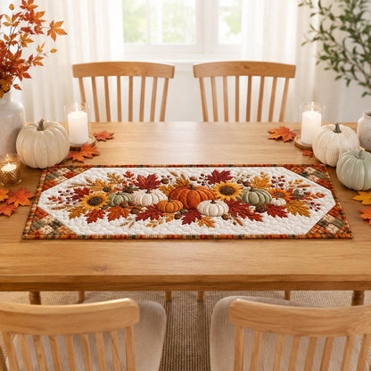Quilted Autumn Table Runner - Pumpkin Sunflower Fall Decor - Rustic Farmhouse Cottagecore