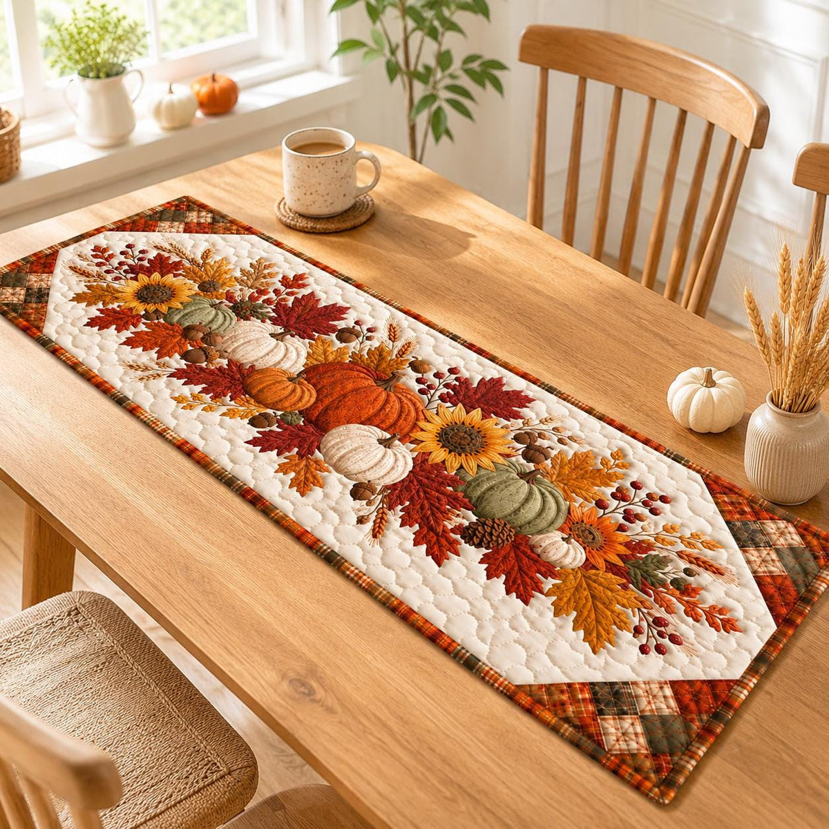 Quilted Autumn Table Runner - Pumpkin Sunflower Fall Decor - Rustic Farmhouse Cottagecore