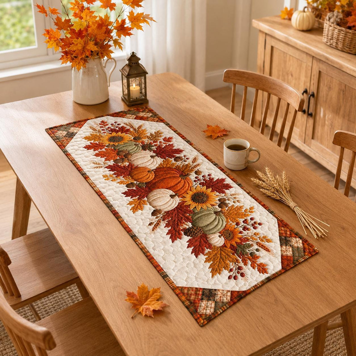 Quilted Autumn Table Runner - Pumpkin Sunflower Fall Decor - Rustic Farmhouse Cottagecore