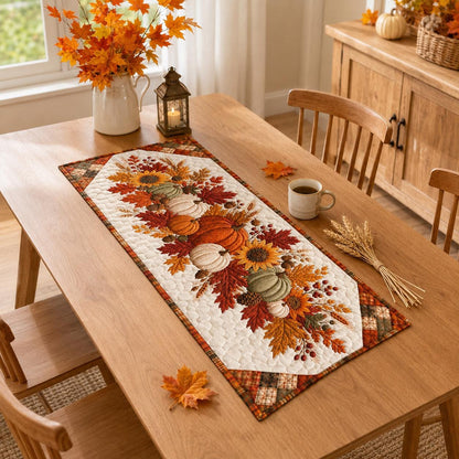 Quilted Autumn Table Runner - Pumpkin Sunflower Fall Decor - Rustic Farmhouse Cottagecore