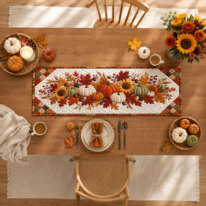 Quilted Autumn Table Runner - Pumpkin Sunflower Fall Decor - Rustic Farmhouse Cottagecore