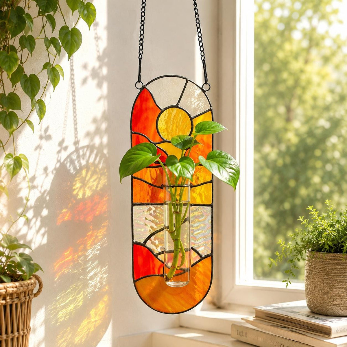 A stained glass hanging planter with a vibrant sunset design in shades of orange, yellow, and white. The planter holds a clear glass tube with green leafy plants. A black chain suspends the planter.