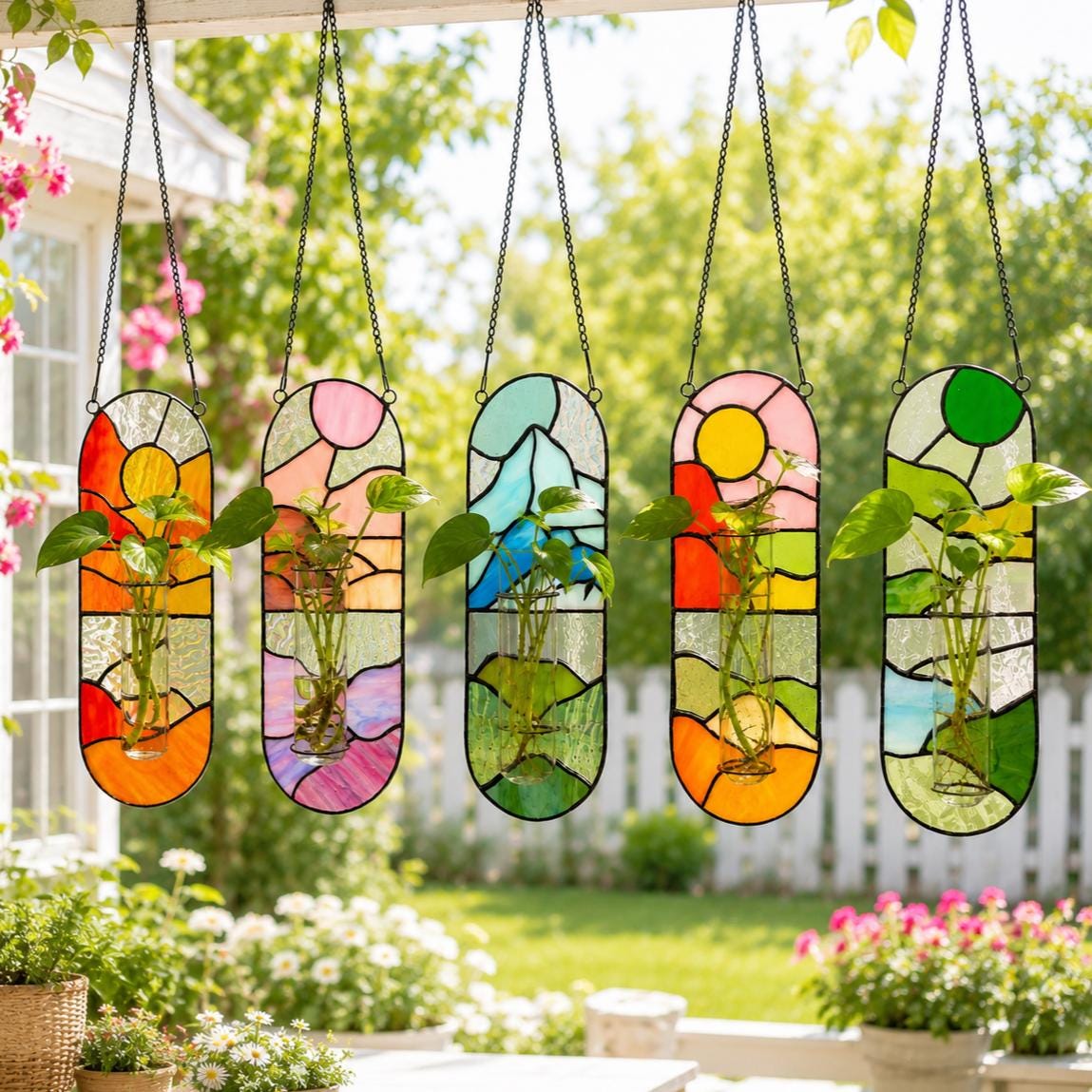 Five hanging stained glass planters with black chain hangers. Each planter features a unique landscape design with vibrant colors, including orange, pink, blue, yellow, and green. Each planter holds a small plant in a glass vase.