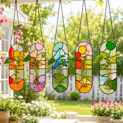 Five hanging stained glass planters with black chain hangers. Each planter features a unique landscape design with vibrant colors, including orange, pink, blue, yellow, and green. Each planter holds a small plant in a glass vase.
