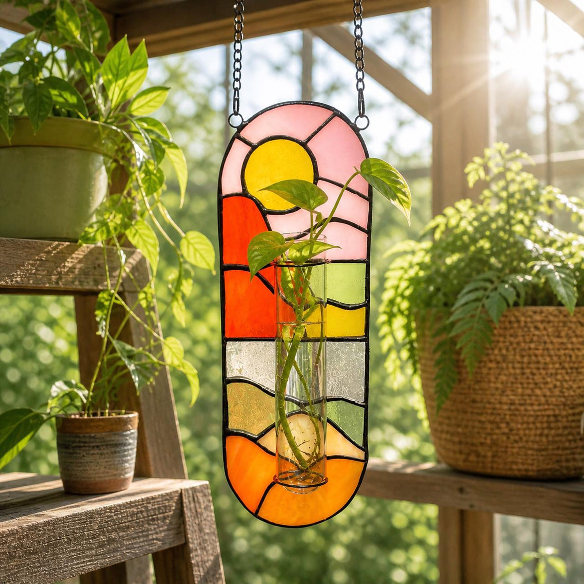 A stained glass window hanging with a landscape design. The window features a yellow sun, pink sky, and colorful terrain. A clear glass vase holds a green plant. The window is suspended by a black chain.