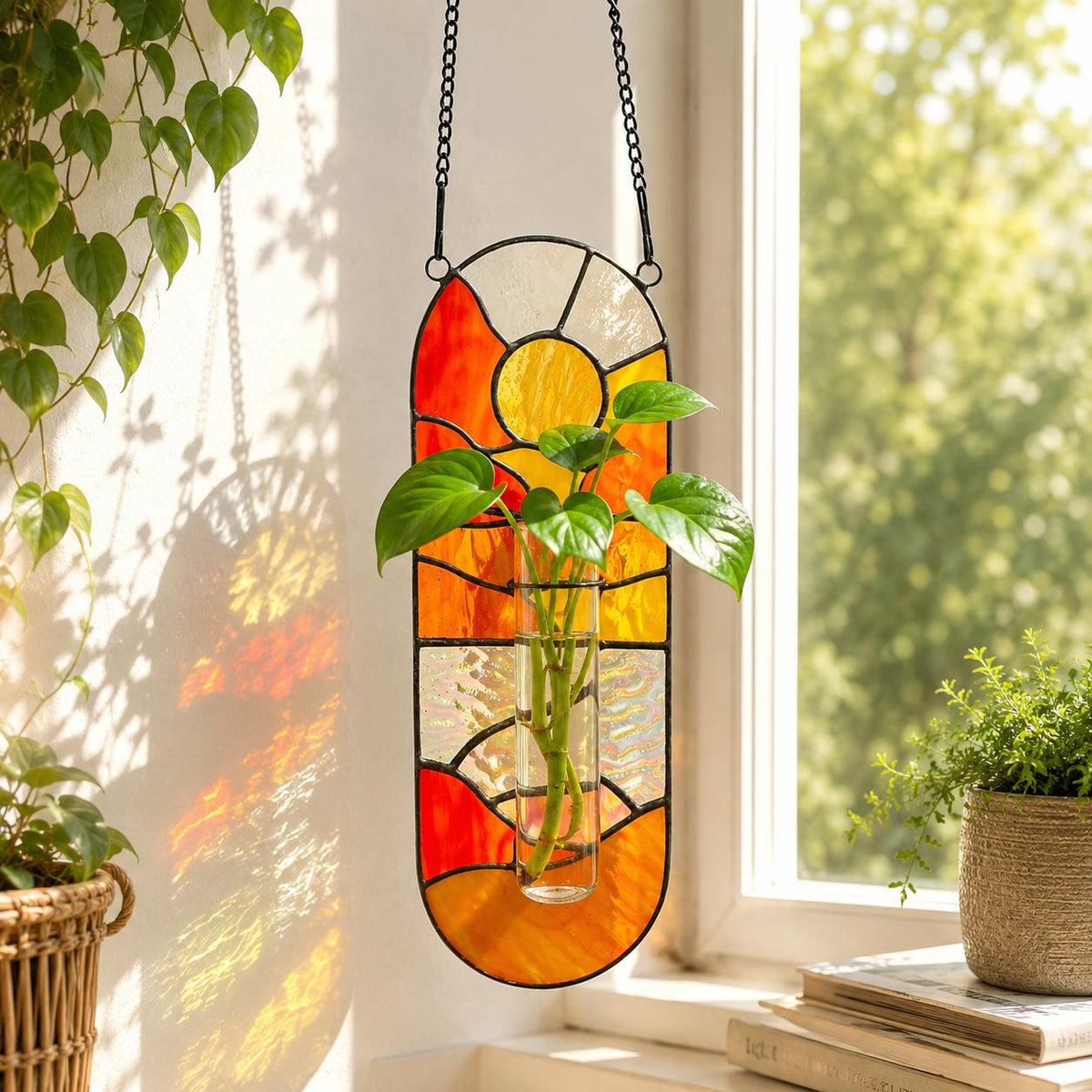 A stained glass hanging planter with a vibrant sunset design in shades of orange, yellow, and white. The planter holds a clear glass tube with green leafy plants. A black chain suspends the planter.