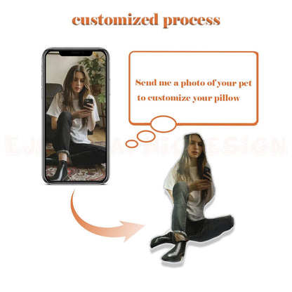 A phone screen shows a woman holding a phone. A thought bubble above the phone says "Send me a photo of your pet to customize your pillow". A cartoon image of a woman sitting with her legs crossed is shown below the thought bubble.