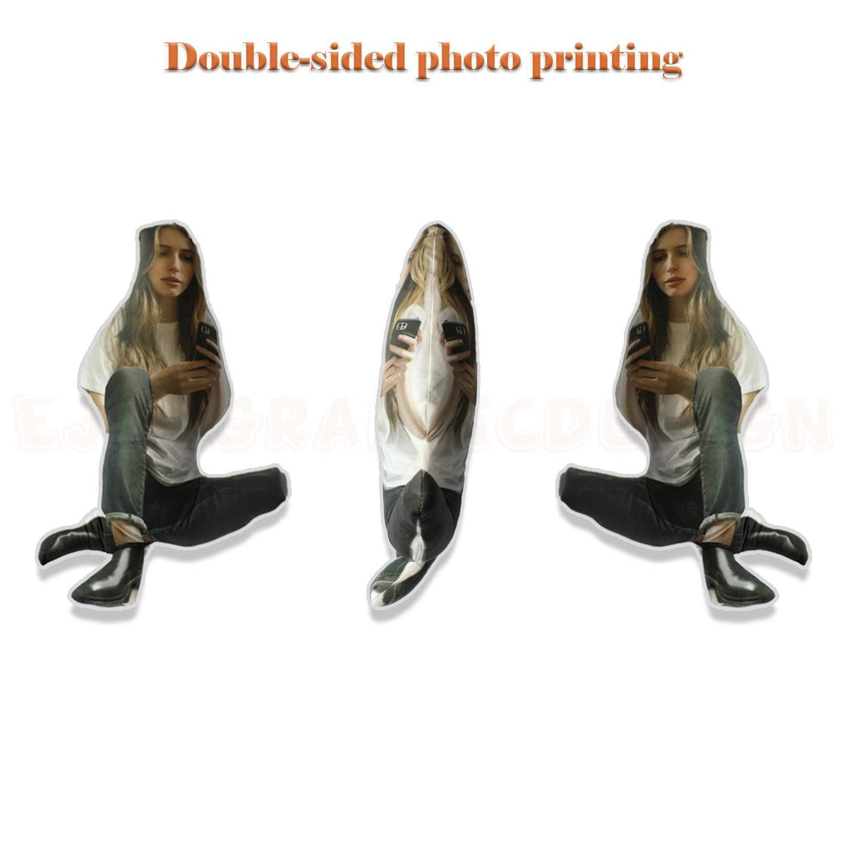 Three double-sided photo pillows with a person holding a phone on each side. The pillows are white with a black outline and the person is wearing a white shirt and blue jeans.