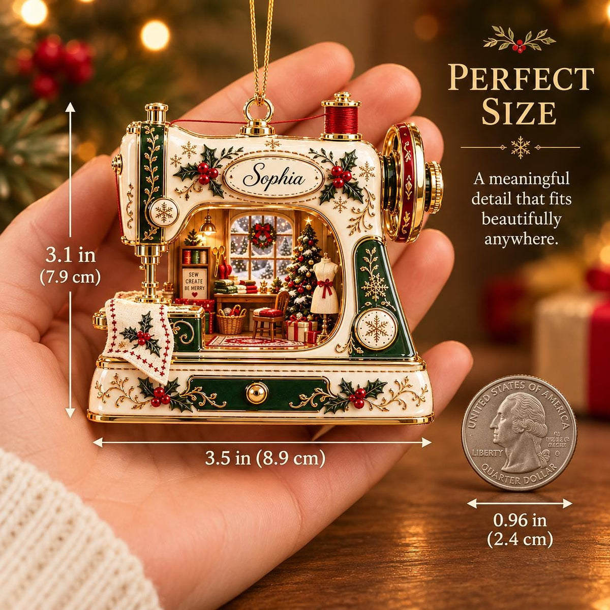 May include: A decorative sewing machine ornament in cream, dark green, and gold, featuring the name Sophia, holly accents, and a miniature interior scene. It measures 3.1 inches by 3.5 inches, shown next to a 0.96 inch U.S. quarter for scale.