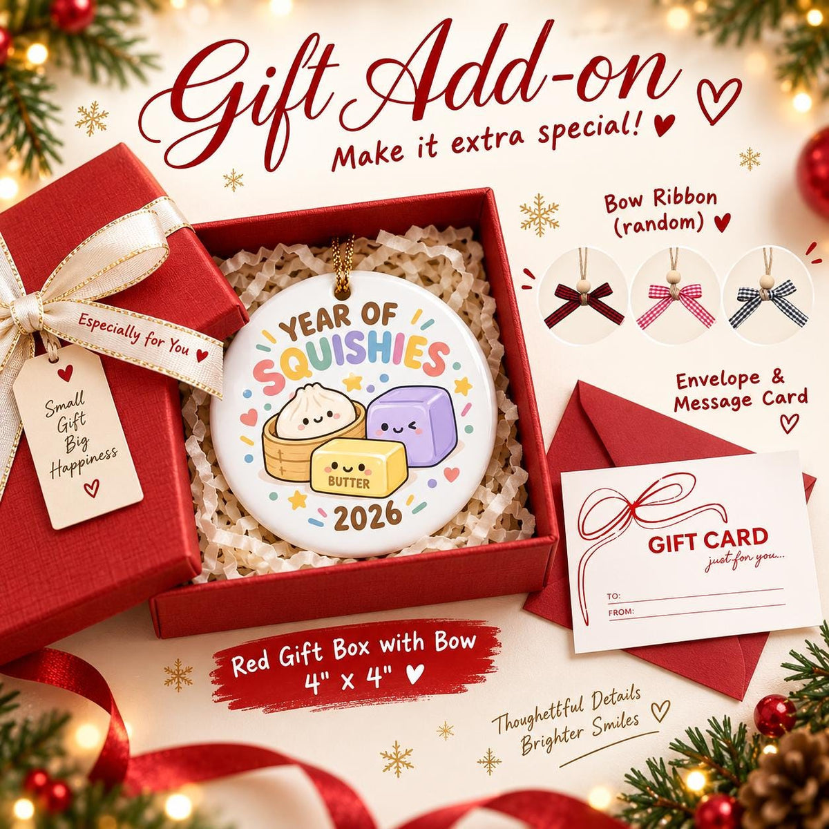 May include: A round white ceramic ornament featuring a Year of Squishies 2026 graphic with cartoon food items, presented in a 4 inch by 4 inch red gift box with a cream ribbon, a gift tag, a message card, and a random bow ribbon accessory.