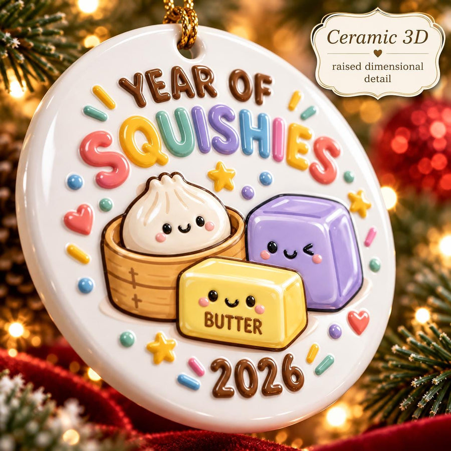 May include: A round white ceramic ornament featuring raised 3D details. The text reads YEAR OF SQUISHIES and 2026. It depicts a cartoon dumpling in a bamboo steamer, a purple cube, and a yellow butter block with the word BUTTER printed on it.
