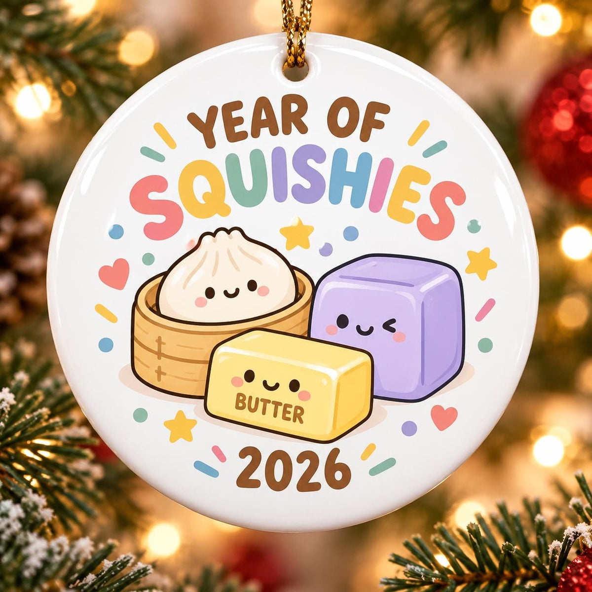 May include: A round white ceramic ornament featuring the text YEAR OF SQUISHIES and 2026. The design includes a cartoon dumpling in a bamboo steamer, a yellow butter block labeled BUTTER, and a purple cube, all with smiling faces and colorful confetti.
