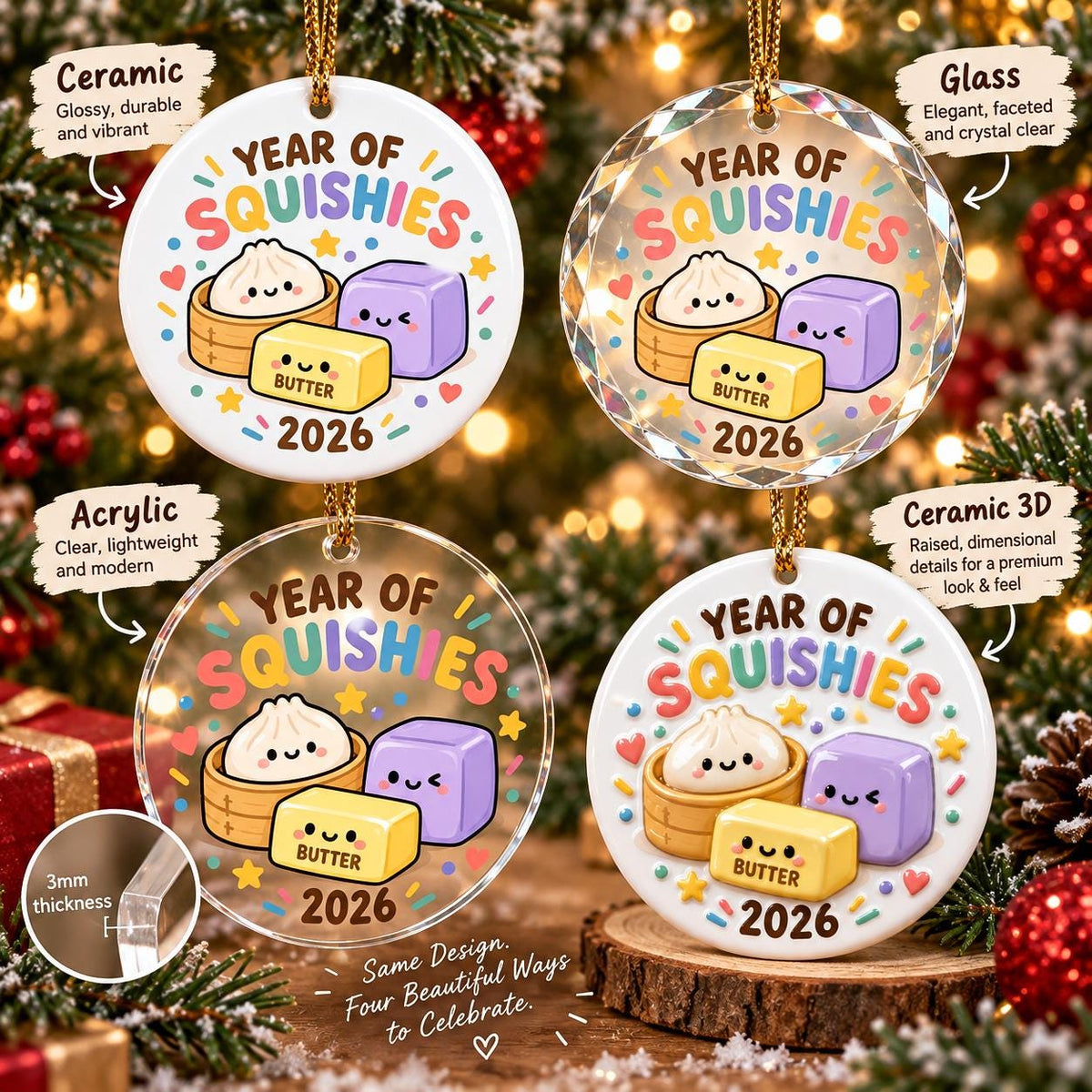 May include: Four round ornaments featuring the text Year of Squishies 2026 and illustrations of a dumpling, a purple cube, and a butter block. The set includes a white ceramic, a faceted glass, a clear acrylic, and a 3D ceramic ornament.