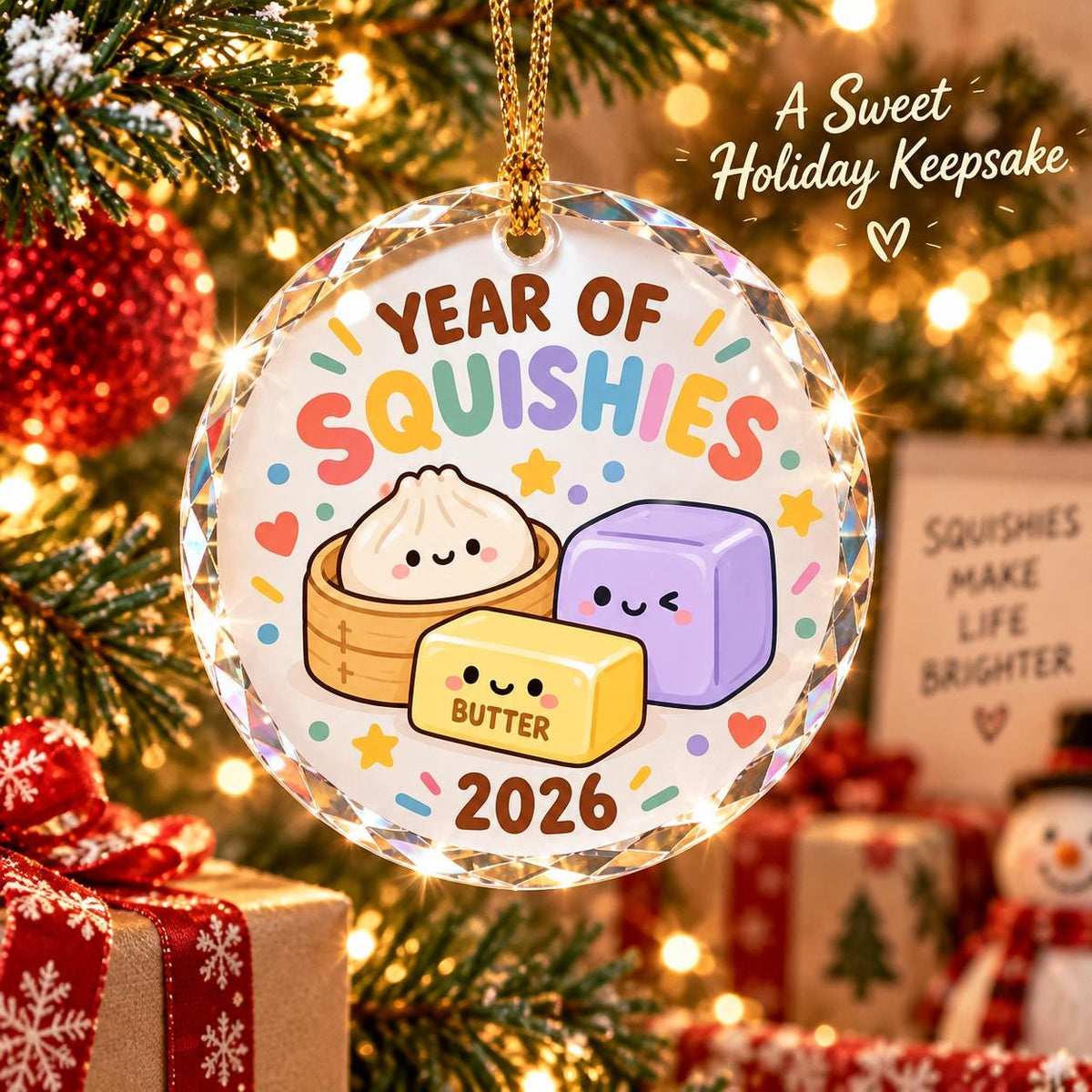 May include: A round, faceted glass ornament featuring the text "YEAR OF SQUISHIES" and "2026" with illustrations of a dumpling in a bamboo steamer, a purple cube, and a yellow butter block with a face. The text "A Sweet Holiday Keepsake" is visible.