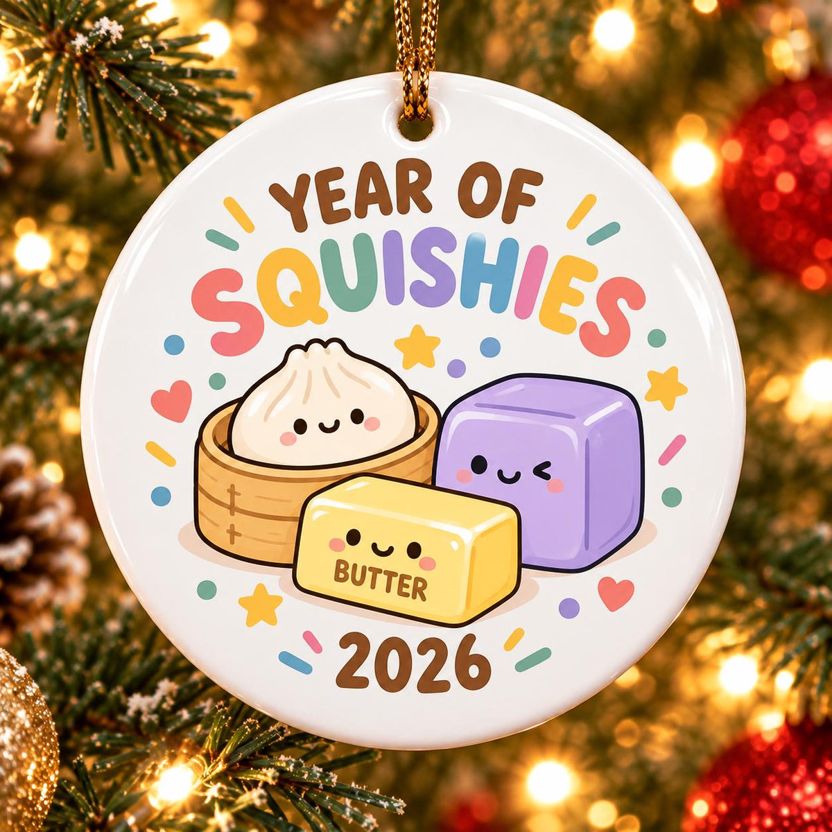 May include: A round white ceramic ornament featuring the text YEAR OF SQUISHIES and 2026. The design includes a cartoon dumpling in a bamboo steamer, a yellow butter block labeled BUTTER, and a purple cube, all with smiling faces and colorful accents.