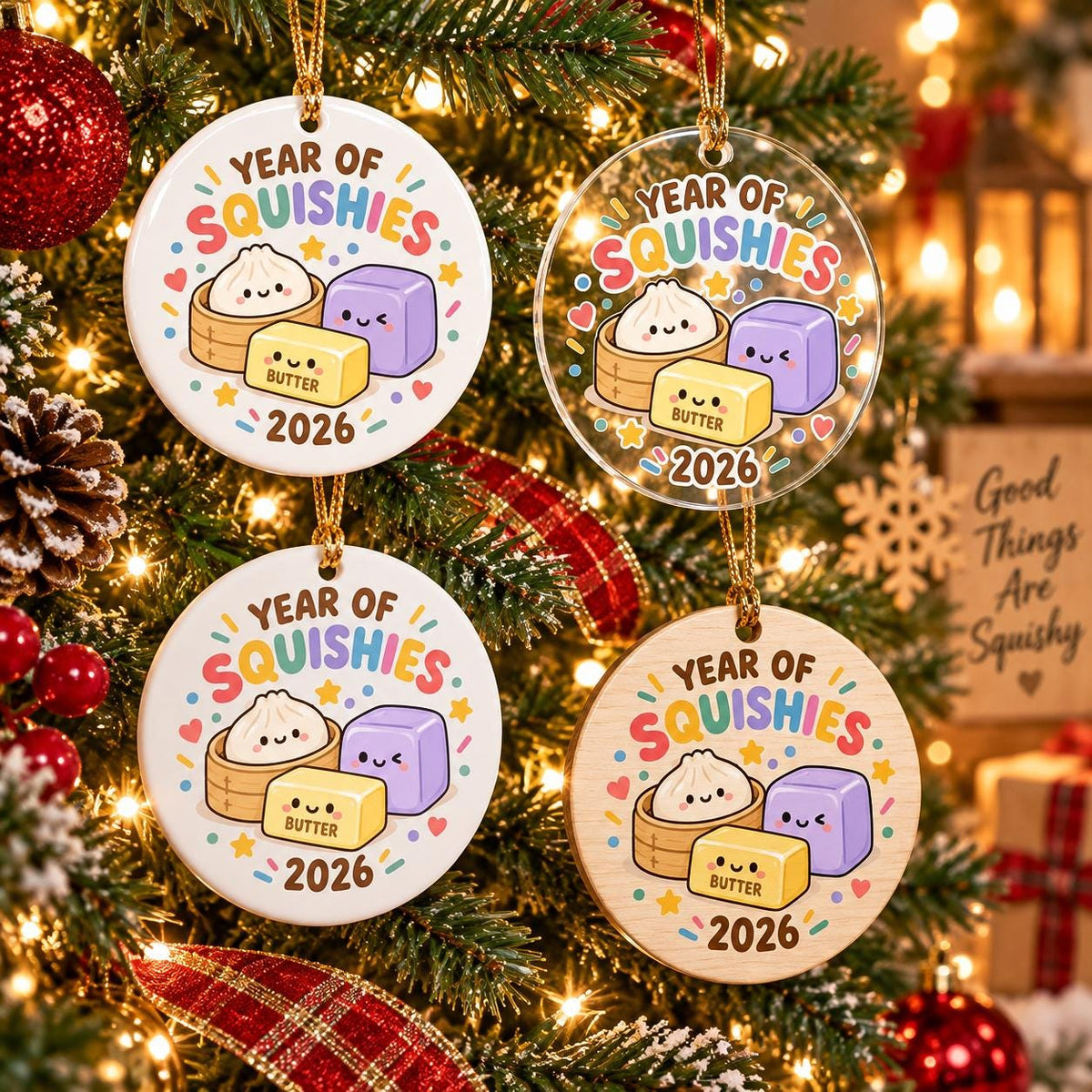 May include: Four round ornaments featuring a cartoon illustration of a dumpling, a purple cube, and a yellow butter block with the text YEAR OF SQUISHIES 2026. The set includes white ceramic, clear acrylic, and light wood finishes with gold hanging cords.